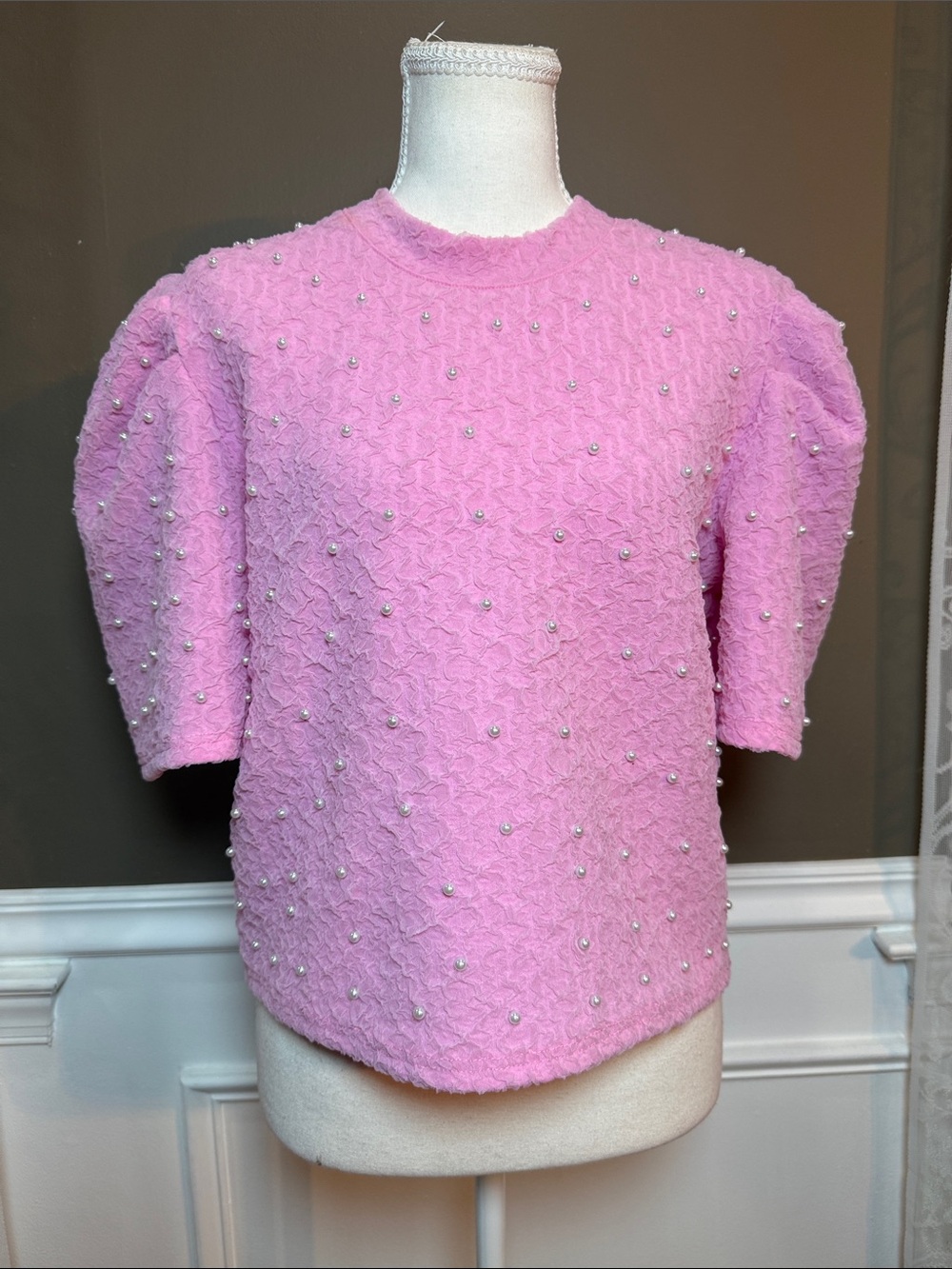 Beulah Style Pink Pearl Puff Sleeve Blouse Stretch Textured Top OS